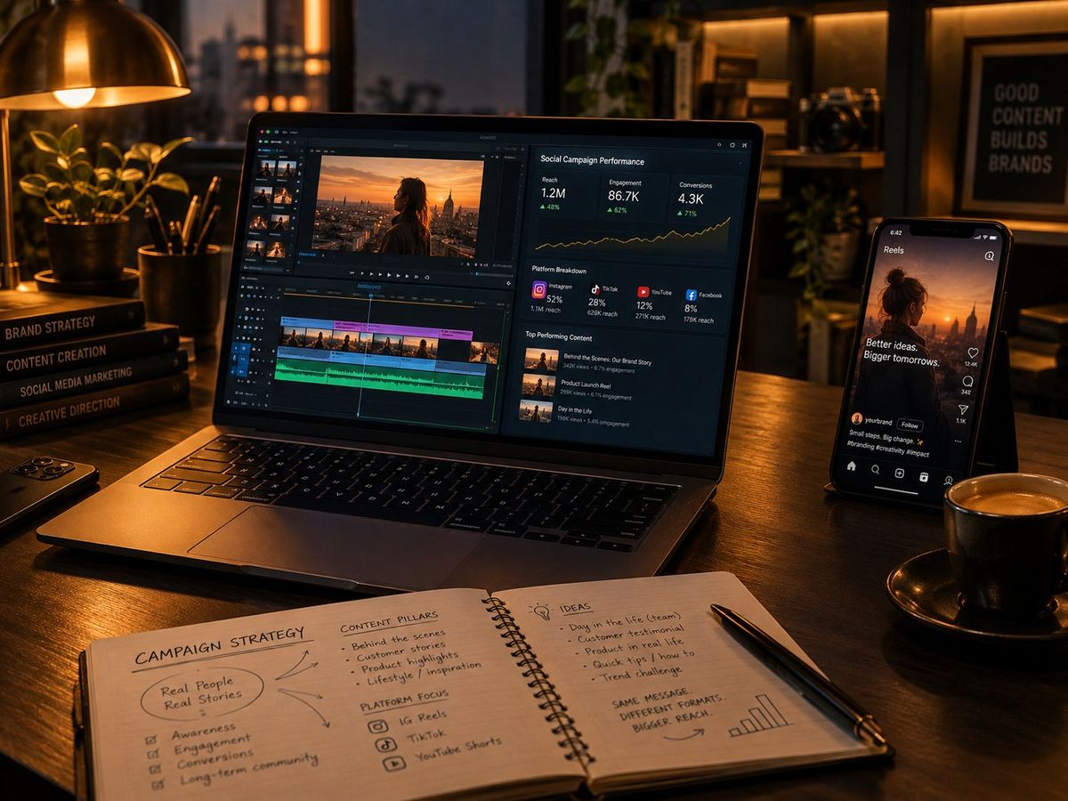 Postazione di lavoro marketing con editing video e campagne digitali
